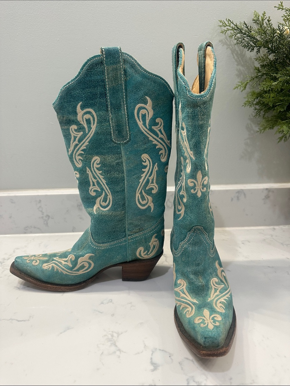Turquoise Embroidered Western Heeled Boots - Picture 3 of 8